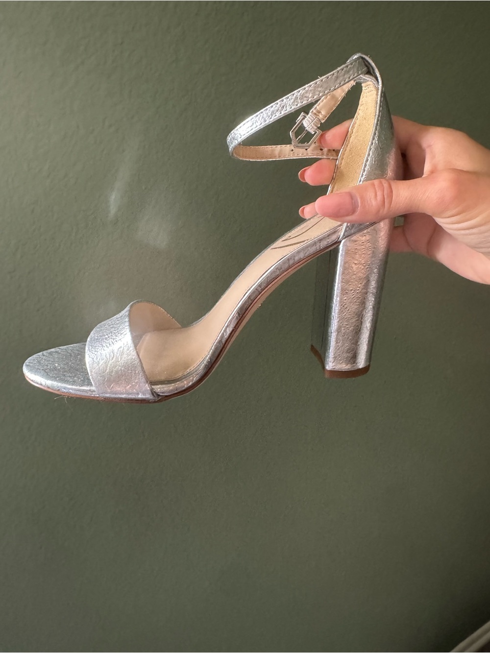 Metallic Silver Ankle-Strap Block Heel Sandals